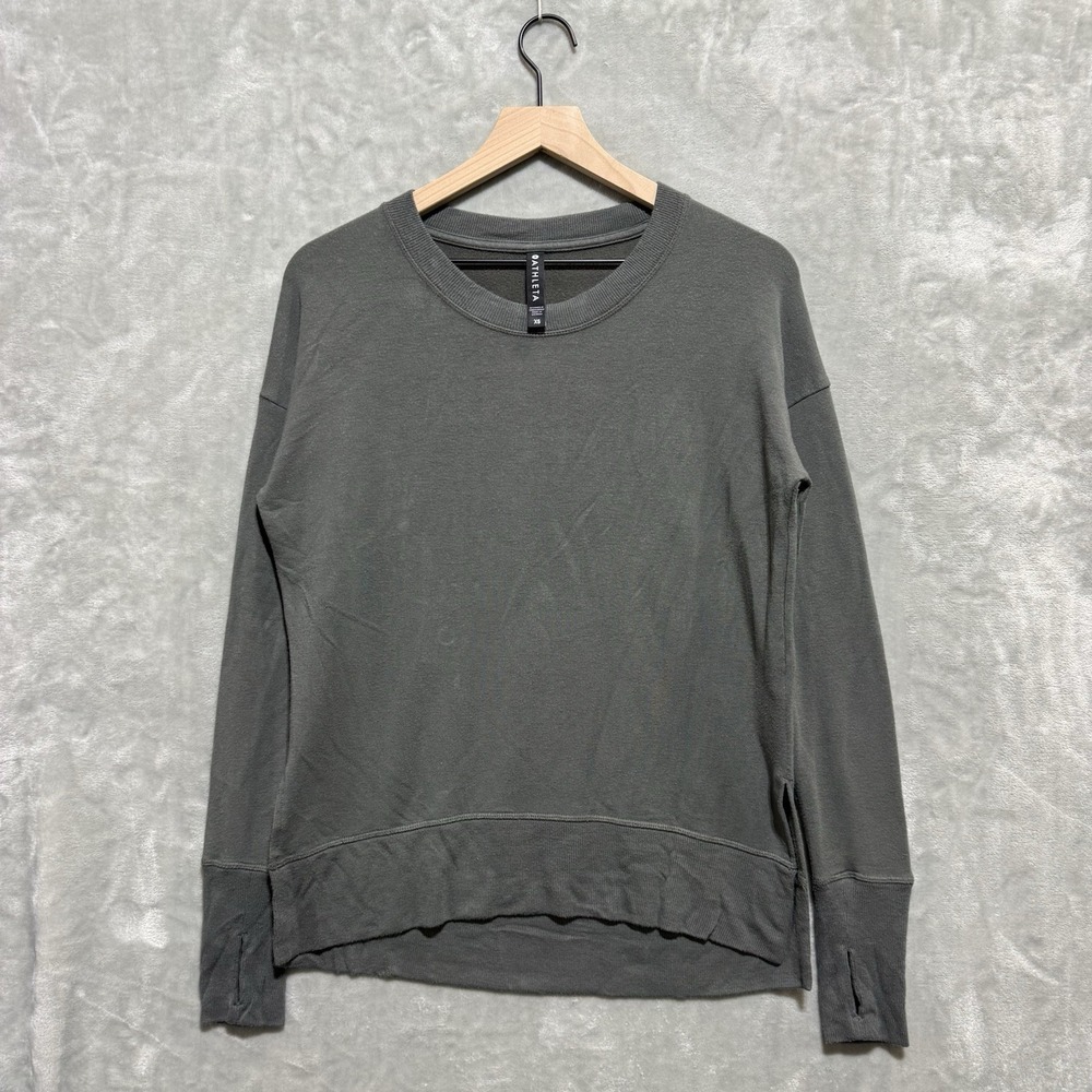Athleta Sweatshirt Womens XS Gray Work & Travel Thumbhole Relaxed Fit Crewneck